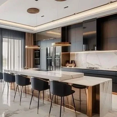 Кухонный остров из кварцевого агломерата с двойной столешницей