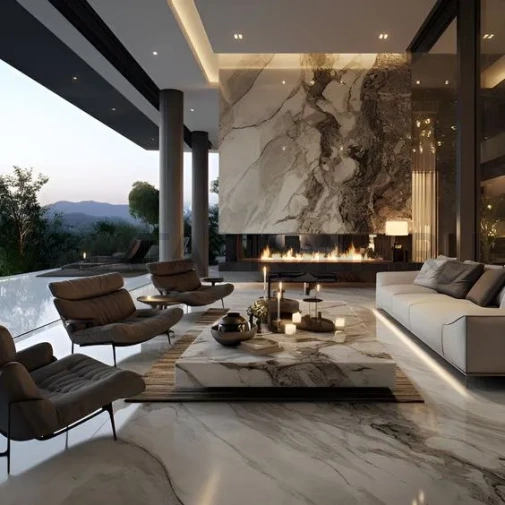 Отделка парящего камина светлым мрамором на заказ