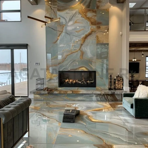 Отделка камина голубым ониксом на заказ