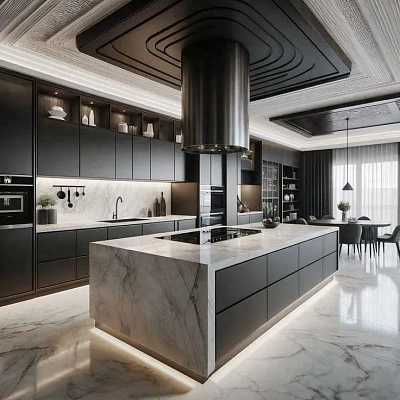 Кухонный остров из керамогранита под натуральный мрамор