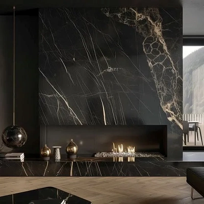 Отделка камина натуральным черным мрамором