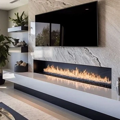 Отделка камина керамогранитом под мрамор Nestos