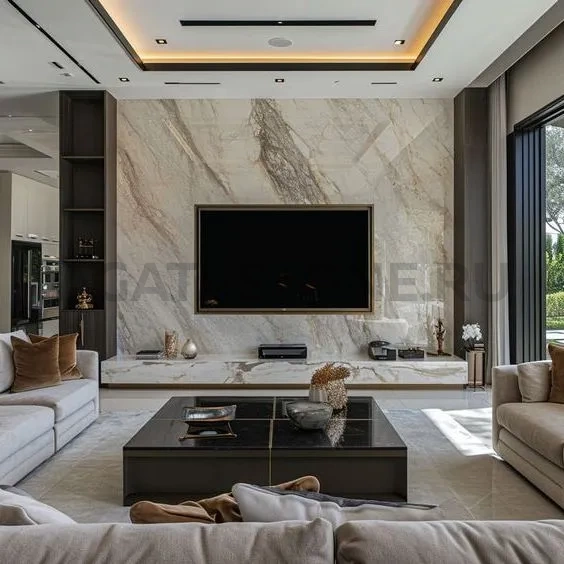 Отделка камина мрамором Calacatta Borghini на заказ