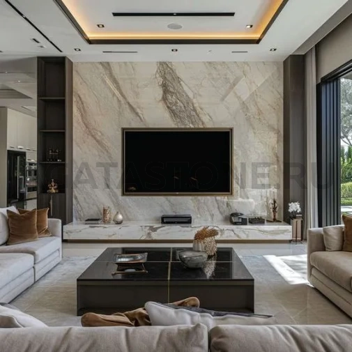 Отделка камина мрамором Calacatta Borghini на заказ