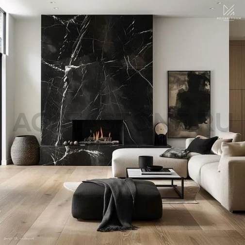 Отделка камина мрамором Negro Marquina на заказ