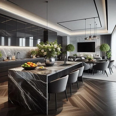 Кухонный остров из керамогранита под мрамор Nero Marquina