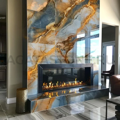 Отделка камина натуральным Onyx Blue Golden Jeans на заказ