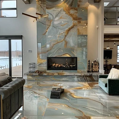 Отделка камина голубым ониксом