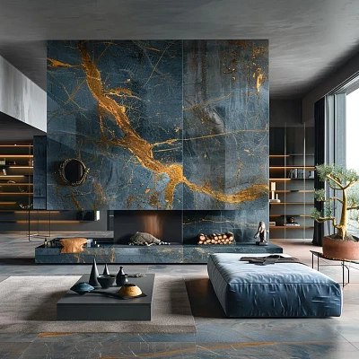 Отделка камина керамогранитом под мрамор Blue Jeans