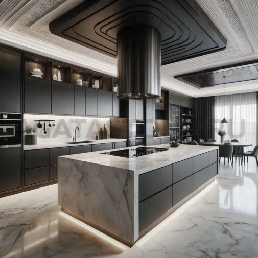 Кухонный остров из керамогранита под натуральный мрамор на заказ