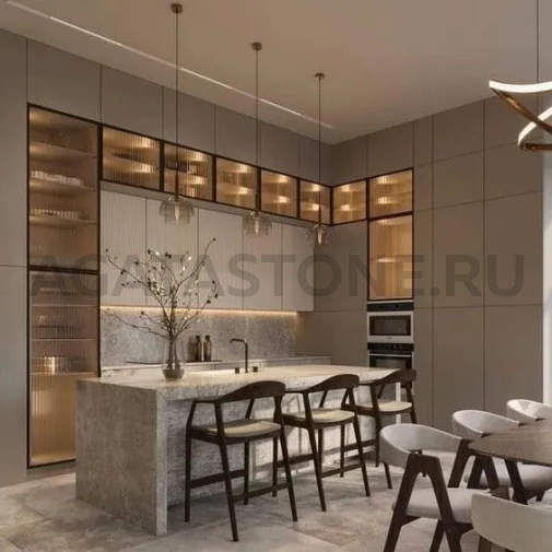 Кухонный остров из керамогранита под серый мрамор на заказ