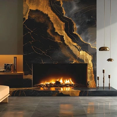 Отделка камина керамогранитом в стиле гранит Black Fusion