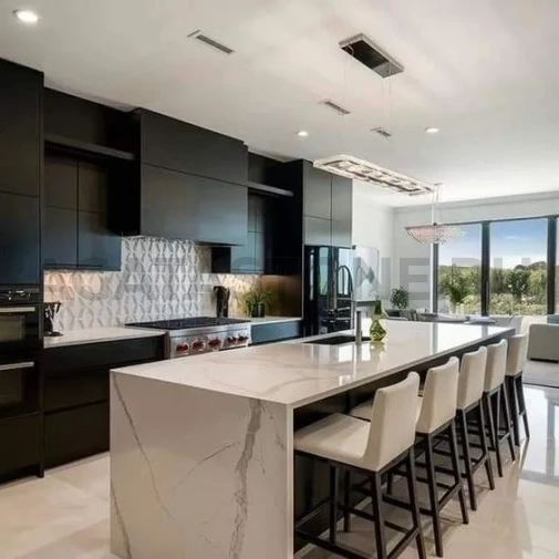 Кухонный остров из керамогранита под светлый мрамор на заказ