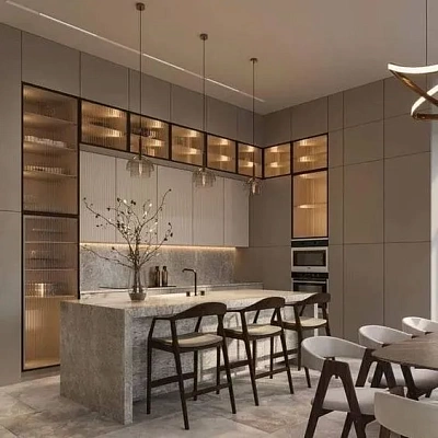 Кухонный остров из керамогранита под серый мрамор