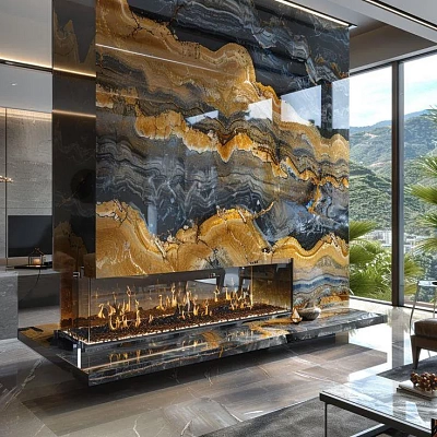 Отделка островного, парящего камина керамогранитом