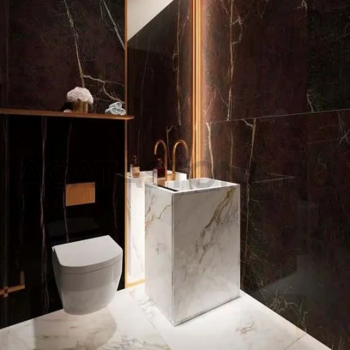 Напольная щелевая раковина из керамогранита под белый мрамор на заказ