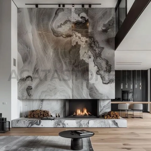 Отделка камина мрамором Statuario Van Gogh на заказ