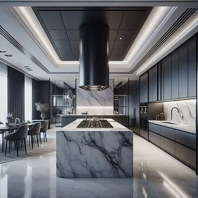 Кухонный остров из керамогранита под мрамор Calacatta