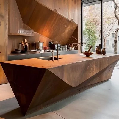 Кухонный остров из керамогранита полигональной формы под металл