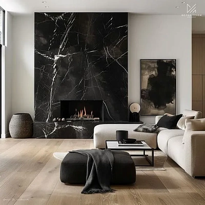 Отделка камина керамогранитом под мрамор Negro Marquina