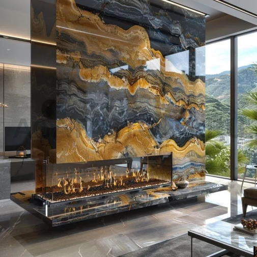 Отделка островного, парящего камина керамогранитом на заказ