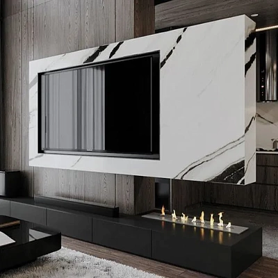 Отделка парящего камина мрамором