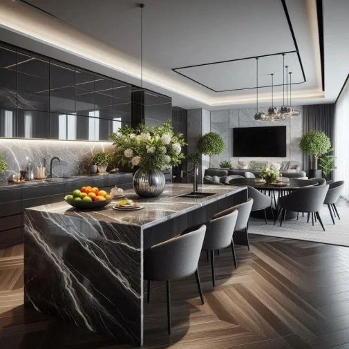 Кухонный остров из керамогранита под мрамор Nero Marquina на заказ