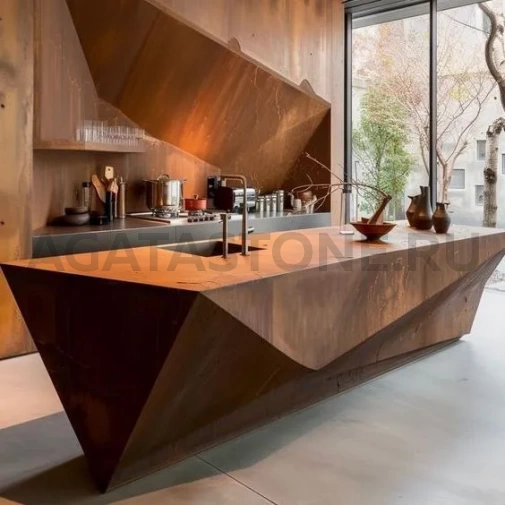 Кухонный остров из керамогранита полигональной формы под металл на заказ
