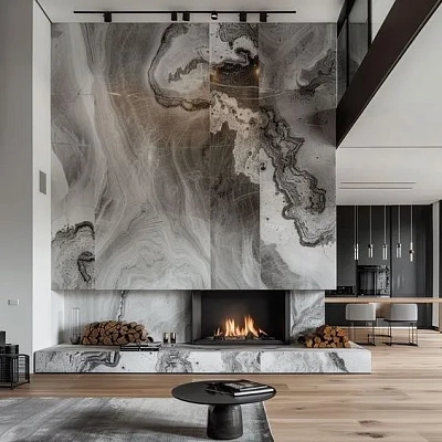 Отделка камина керамогранитом под мрамор Statuario Van Gogh