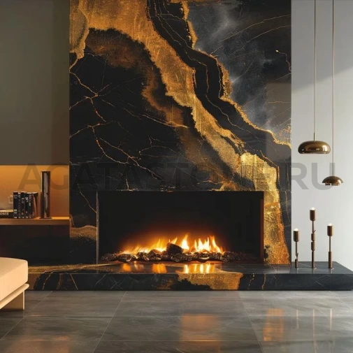 Отделка камина гранитом Black Fusion на заказ