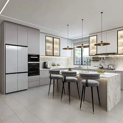 Кухонный остров из агломерата кварца под натуральный камень