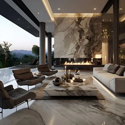 Отделка парящего камина светлым мрамором