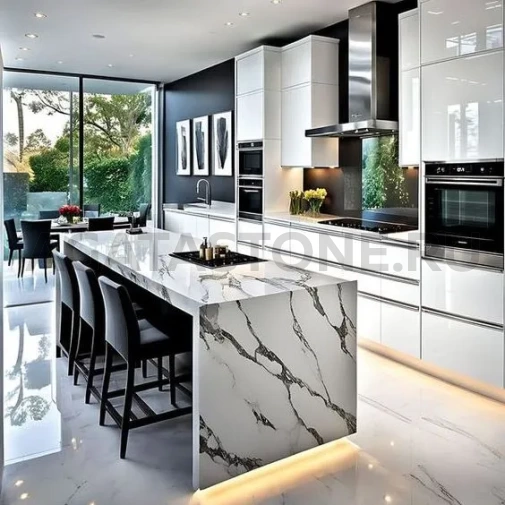 Кухонный остров под мрамор Calacatta из кварца на заказ