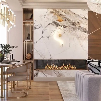 Отделка камина керамогранитом под светлый мрамор