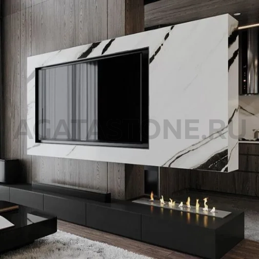 Отделка парящего камина мрамором на заказ