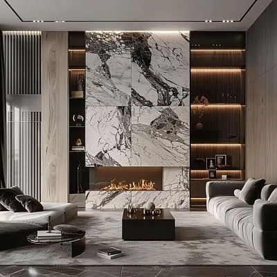 Отделка камина мрамором Arabescato New