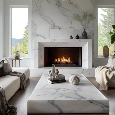 Отделка камина мрамором в классическом стиле