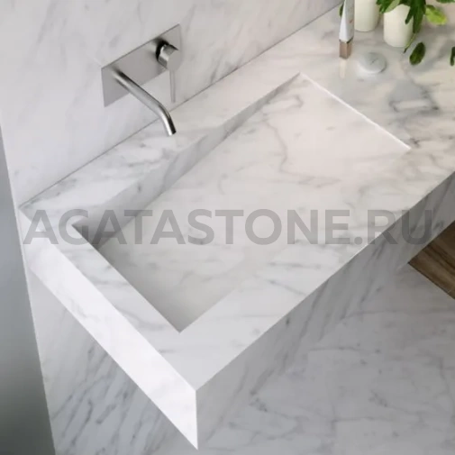 Раковина щелевая из керамогранита под белый мрамор на заказ