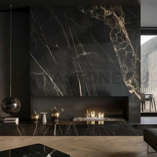Отделка камина натуральным черным мрамором на заказ