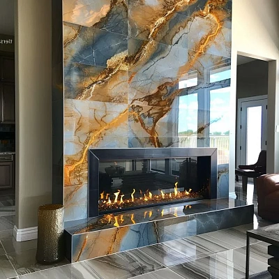 Отделка камина керамогранитом под Onyx Blue Golden Jeans