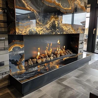 Отделка камина керамогранитом под гранит Golden Galaxus