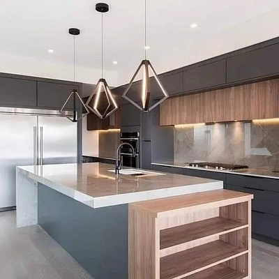 Комбинированный кухонный остров из акрила и дерева